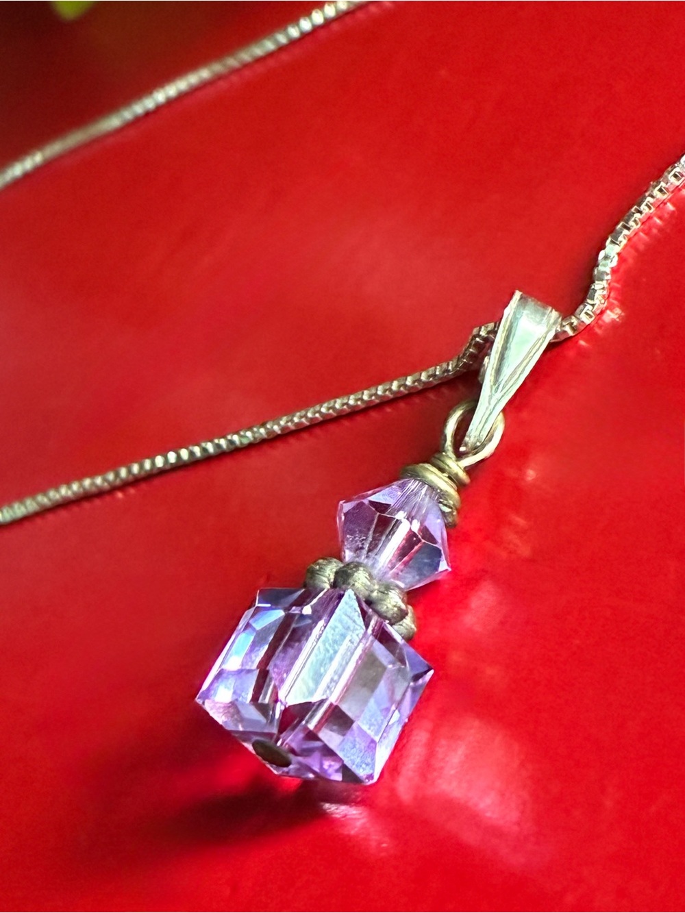 925 Silver Necklace,Elegant Purple Crystal Cube Pendant on Silver Chain Necklace - Picture 7 of 7